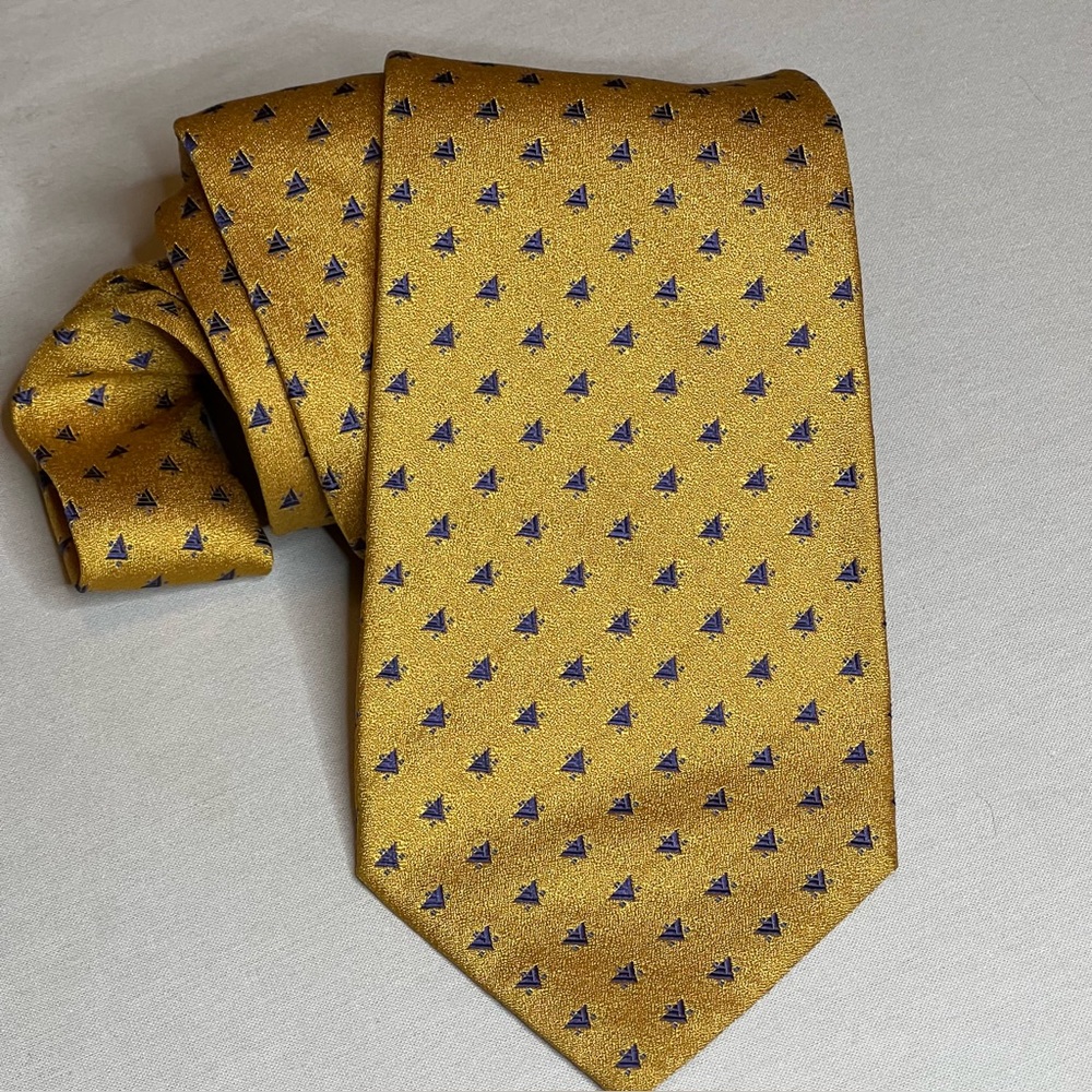 Borrelli Napoli Made In Italy 7 Fold Gold with Blue accent Silk Tie Luxury